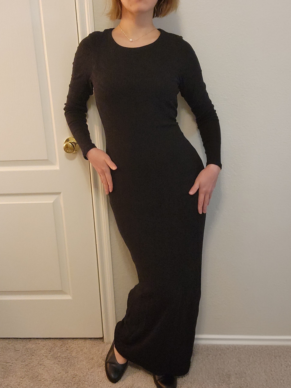 Klassy Network Black Ribbed Long Sleeve Maxi Dress Size Large Luxury Comfort